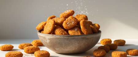 AI Generated. Crispy breaded chicken nuggets served in a rustic bowl garnished with salt and spices for a delicious fast food treatの素材