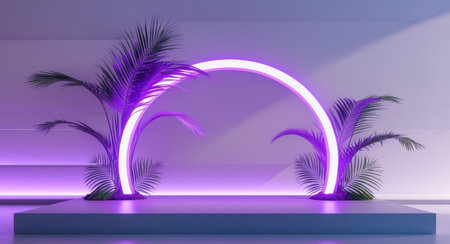 AI Generated. Creative Display With Purple Neon Arch and Palm Leaf in Modern Backgroundの素材