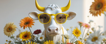 AI Generated. Creative cow sculpture with yellow sunglass and colorful flowersの素材