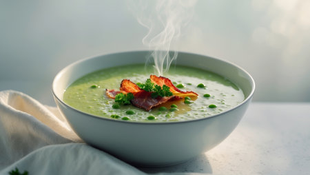 AI Generated. Creamy green pea soup with bacon topping and fresh herbs in a bowlの素材