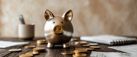 AI Generated. Cute piggy bank on a wooden table surrounded by coins and financial items in a cozy home office setting with a warm ambiance and a modern design aestheticの素材