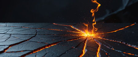 AI Generated. Dark Cracked Surface Texture with Glowing Embersの素材