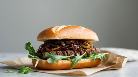 AI Generated. Delicious Beef Sandwich with Caramelized Onionsの素材
