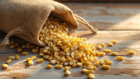 AI Generated. Dried corn kernels spilling from a burlap sack on a rustic wooden surface in a warm light settingの素材