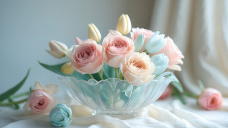 AI Generated. Elegant Pastel Roses and Tulips in a Bowlの素材