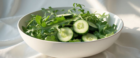 AI Generated. Fresh Green Cucumbers and Arugula in White Ceramic Bowlの素材
