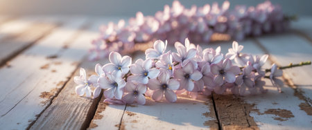 AI Generated. Lilac blossoms delicately arranged on a rustic wooden surface with soft ambient lighting creating a serene and elegant atmosphereの素材
