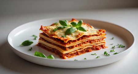 AI Generated. Mouthwatering layers of lasagna elegantly arranged on a plate with fresh herbs for a delightful dining experienceの素材