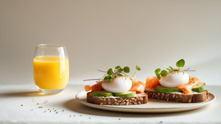AI Generated. Poached Eggs with Smoked Salmon and Avocado Toast with Orange Juiceの素材