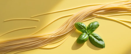 AI Generated. raw spaghetti pasta strands with basil leaf on diagonal yellow background macro shotの素材