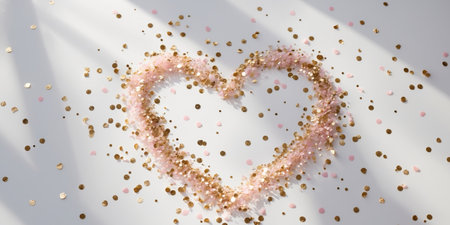 AI Generated. scattering of gold and pink confetti with heart shape in centerの素材