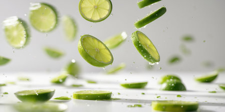 AI Generated. Slices of lime falling gracefully with a vibrant motion effectの素材