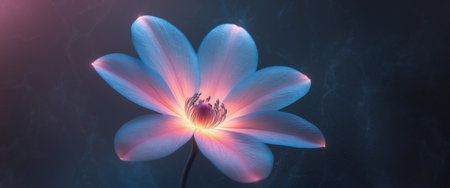 AI Generated. Stunning pink and blue flower with glowing petals on a dark backgroundの素材