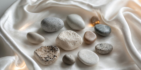 AI Generated. Various stones arranged on a silk backgroundの素材