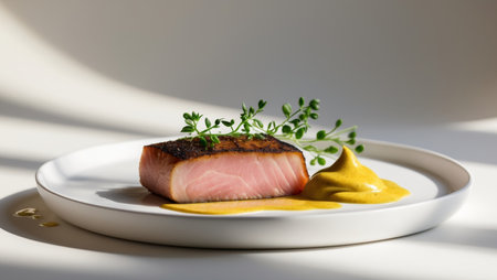 AI Generated. Seared tuna on a dish with greens and honey mustardの素材