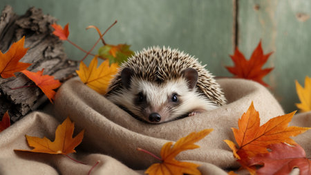 AI Generated. Cozy autumn scene with hedgehog nestled in blanket surrounded by colorful leavesの素材