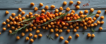 AI Generated. Crispy roasted chickpeas with paprika and rosemary on a gray tableの素材