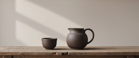 AI Generated. Dark Pottery Pitcher and Cup on Rustic Wooden Tableの素材