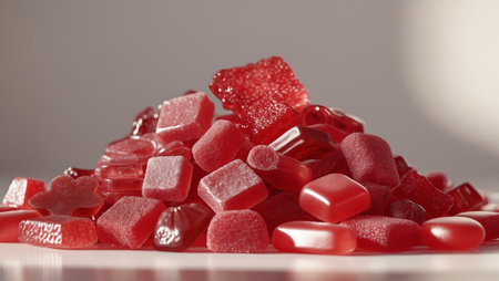 AI Generated. Delicious Red Candy Pile Sweet Treats Background Gummy Candies Texture Close Up Shotの素材