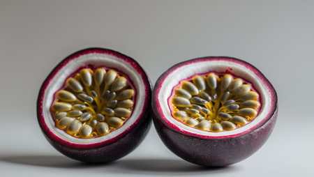 AI Generated. passion fruit halves - vibrant red pulp and seedsの素材