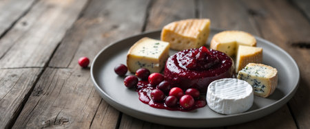 AI Generated. Plate of assorted cheese with cranberry sauce and fresh cranberries on a wooden tableの素材