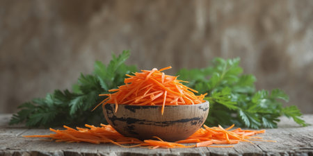 AI Generated. Shredded carrots in wooden bowl on rustic background with green leaves and copy space for textの素材
