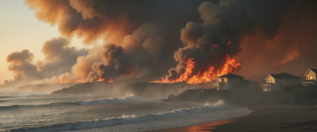 AI Generated. Smoke and Fire Consume Coastal Landscape Near Homesの素材