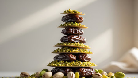 AI Generated. Stacked pistachio and chocolate dates forming a delicious towerの素材