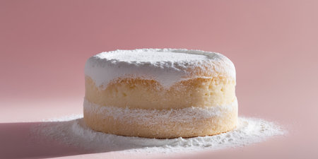 AI Generated. soft sponge cake with powdered sugar dusting on gradient pink backgroundの素材