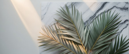 AI Generated. Summer Tropical Palm Leaves Marble Paper Flat Layの素材