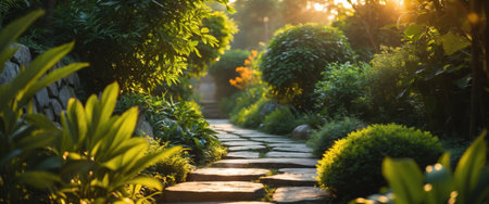 AI Generated. Sunlit Stone Path Through Lush Green Gardenの素材