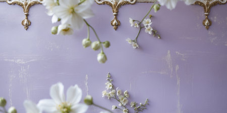 AI Generated. Subtle Periwinkle Wallpaper with Decorative Trim and Floral Accentsの素材