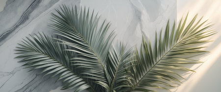 AI Generated. Summer Tropical Palm Leaves Marble Paper Flat Layの素材