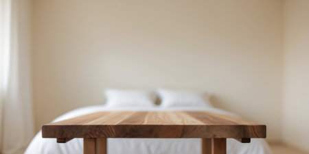 AI Generated. top wood table with Blur Background of the Bedroom in the Bedroomの素材