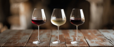 AI Generated. Three elegant wine glasses filled with red and white wine on a rustic wooden table in a cozy settingの素材