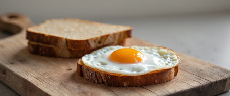 AI Generated. Wooden cutting board with a slice of bread and a sunny side up egg for breakfast meal preparationの素材