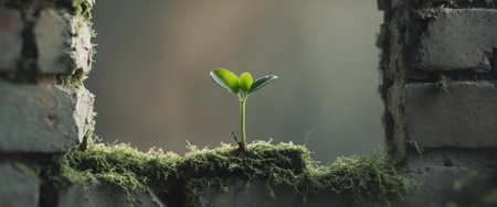 AI Generated. Young Sprout Growing From Old Brick Wallの素材