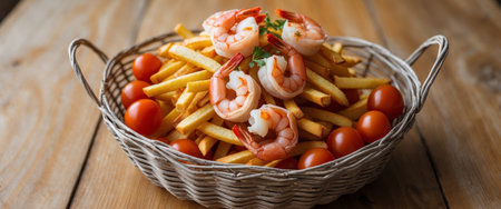 AI Generated. Basket of french fries with shrimp and cherry tomatoes served on a wooden tableの素材