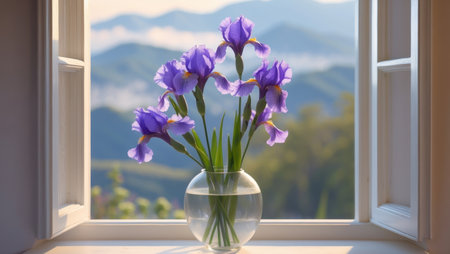 AI Generated. Blooming purple irises in a glass vase by a sunny window with a scenic landscape viewの素材