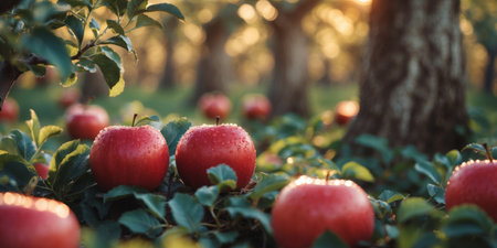 AI Generated. Bright Red Apples Glisten in a Warm Afternoon Orchardの素材