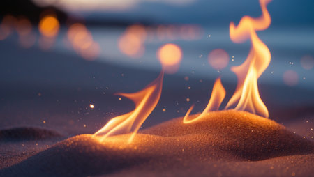AI Generated. Captivating Close Up of Flickering Flames Illuminating Sand on a Serene Beach at Dusk Creating Warmthの素材