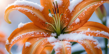 AI Generated. Close up of orange lily flower with snow on petalsの素材