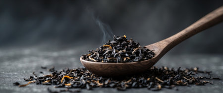AI Generated. Close up of black tea on a wooden spoon on a dark backgroundの素材