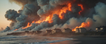 AI Generated. Smoke and Fire Consume Coastal Landscape Near Homesの素材