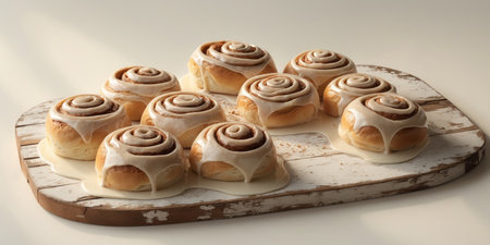 AI Generated. Sweet cinnamon buns with rich icing arranged on a wooden board in bright light showcasing delicious swirls and textureの素材