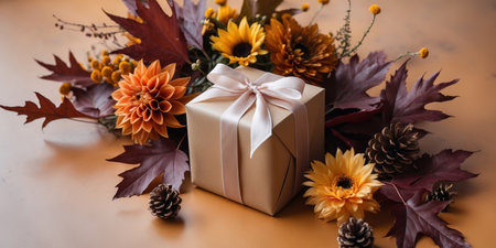 AI Generated. A beautifully wrapped gift box surrounded by autumn flowers and pine cones on a wooden surfaceの素材