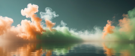 AI Generated. Abstract orange and green swirling smoke over waterの素材