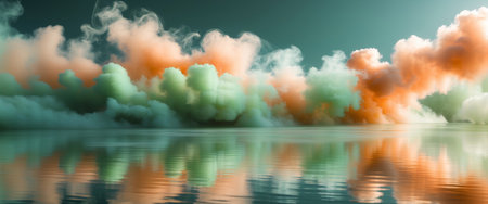 AI Generated. Abstract orange and green swirling smoke over waterの素材
