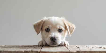 AI Generated. Adorable puppy peeking over wooden table in natural lightの素材