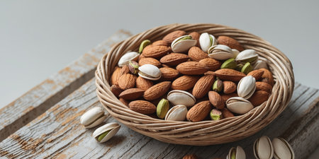 AI Generated. Almonds and pistachios in a woven basket on a textured surface with copy space for textの素材